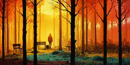 the trees are in the fog and there is a man on the bench,a painting of a person sitting on a bench in the middle of a forest
