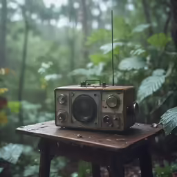 a vintage radio sits on a small wooden table in the middle of the forest