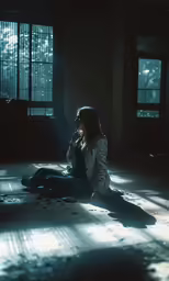 a woman sitting on the floor and talking on a phone
