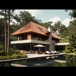 the pool has a lounge chair in front