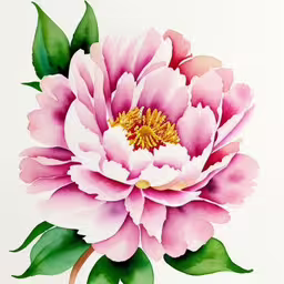 painting of a large pink flower with green leaves,a painting with a white and pink flower