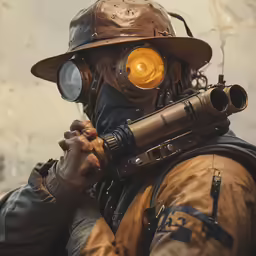 a man wearing a gas mask and holding a machine gun