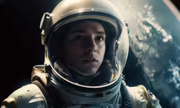 man in space suit stares to the left while looking at something