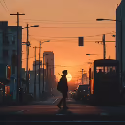 the silhouette of a person walking across the street at sunset