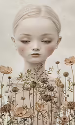 a small white doll with an artificial head surrounded by flowers