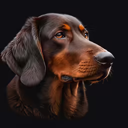 the dog is brown with black spots and a brown ear