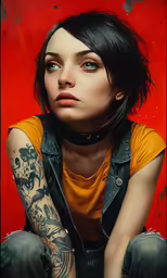 a girl with her arm tattooed sits on the floor