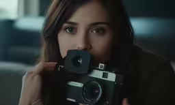 a girl holds up a vintage film camera to her face
