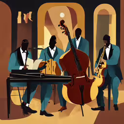 three musicians playing musical instruments near a piano,three men with instruments standing next to a piano