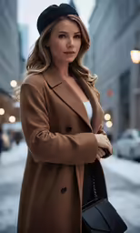 a woman in a hat and coat standing in the snow