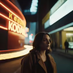 a woman with a brown coat stands next to a neon building