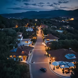 a beautiful view of houses lit up at night
