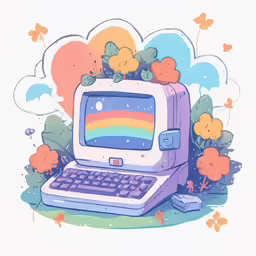 an old computer with rainbow - painted keyboard and a phone