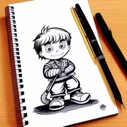 a drawing of a boy with a hat holding a cane,a drawing of a little boy with his cane