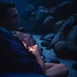 a young man is sitting next to rocks in the dark