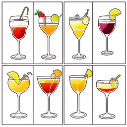 four different kinds of cocktails in glasses,a series of different cocktail glasses with various drinks in them