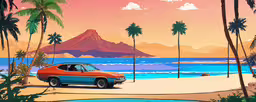 there is an old blue car parked on the beach,an orange car parked on a beach with trees and mountains