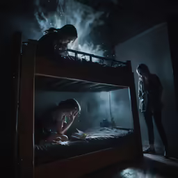 two people are laying on the floor of a dark room