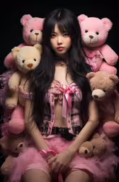 a girl sitting in a chair made up of teddy bears,a woman wearing pink dress with many stuffed animals around her