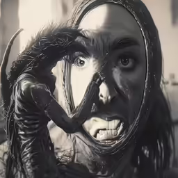 a woman wearing monster hands and a creepy nose