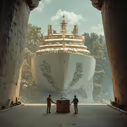 two people standing in front of a huge boat