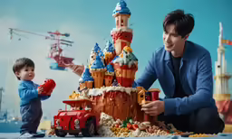a little boy and boy sitting in front of some cakes