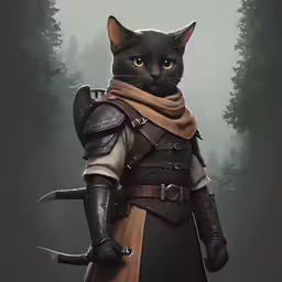 a black cat dressed in medieval clothing standing next to a forest