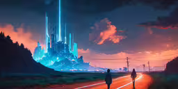 two people walk on an empty road with city lights in the distance,a group of people standing on a road next to a tall building