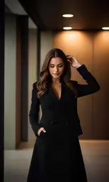 a beautiful woman in black is posing for a picture