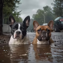 two dogs have their faces poking out from the water
