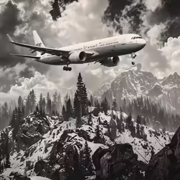 black and white photograph of an airplane over a snowy mountain