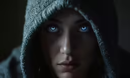 a person with big blue eyes covered by a gray blanket