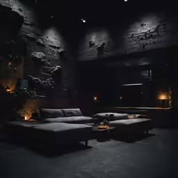 a very dark room with modern decor