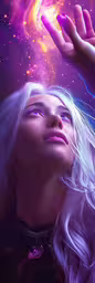 an image of a woman reaching to the stars,a blonde woman looks at the light from behind her hand
