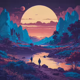 a poster of two people walking on a path towards a mountain lake,a painting of people walking by the river