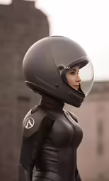 woman in a black suit and helmet poses for a picture