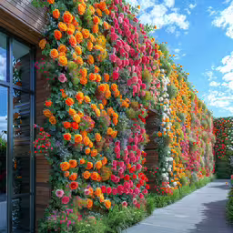 the flowers are on the side of the building,many different kinds of flowers are growing on a wall