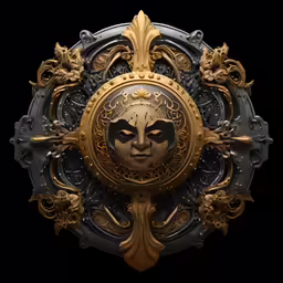 a golden clock with a face in the center of it