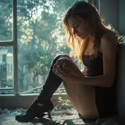 a woman sitting on a couch next to a window