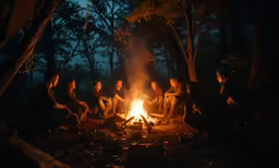 several people sitting around a campfire in the dark