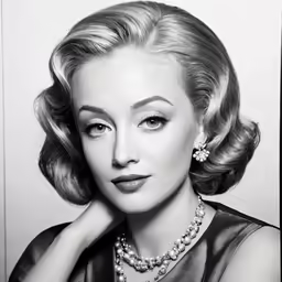 black and white photograph of a woman wearing an elegant necklace