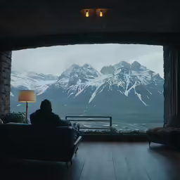 a person sitting on the couch overlooking mountains in the background