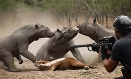 three animals are on the ground while a photographer films them