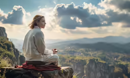 a woman in a white shirt sitting on a rock in front of mountains