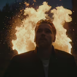 a man with his eyes open looks at the fire from a building