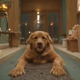 a large brown dog laying on the floor with his front paws open
