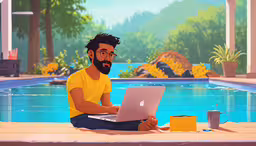 a man sitting next to a pool on his laptop,a man sitting on a floor using a laptop