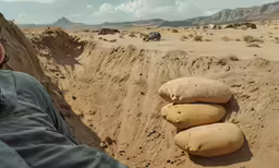 a person in the sand, with a bunch of stones on top