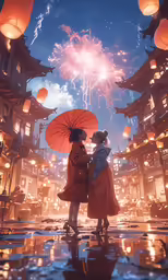 a couple kissing while holding red umbrellas and fireworks in the sky