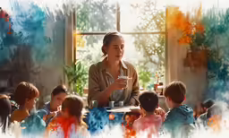 a woman sits in front of an indoor gathering while holding a drink and talking to kids